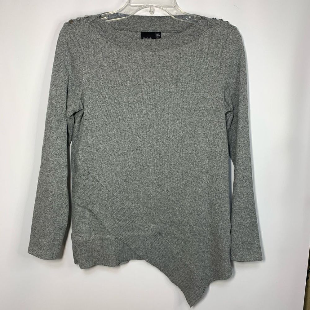 Rafaella Women's Asymmetrical Hem Ribbed Trim Button Detail Sweater Gray Size XS